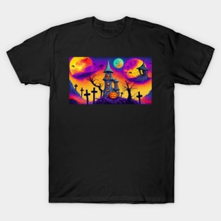 Haunted Castle in the Middle of a Cemetery with Pumpkins and Jack-o'-lanterns T-Shirt
